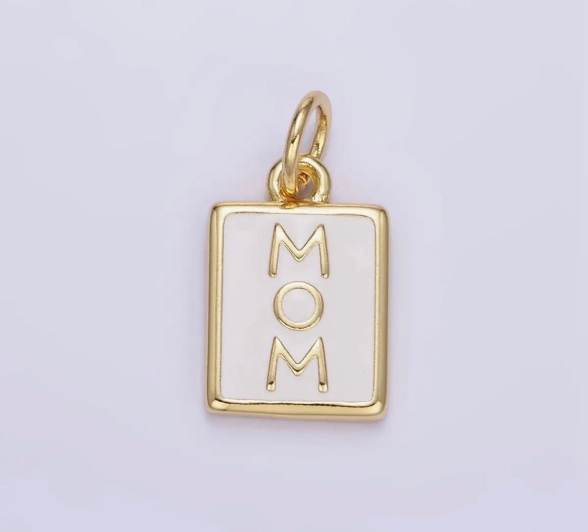 24K Gold Filled "Mom" White Enamel Tag Charm