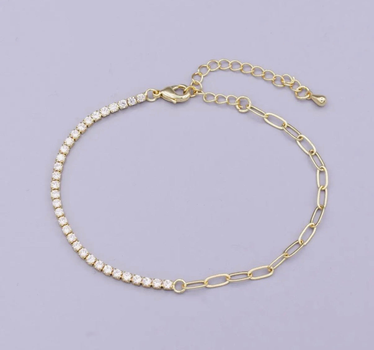 16K Gold Filled 2mm Half Tennis Half Paperclip 7 Inch Chain Bracelet