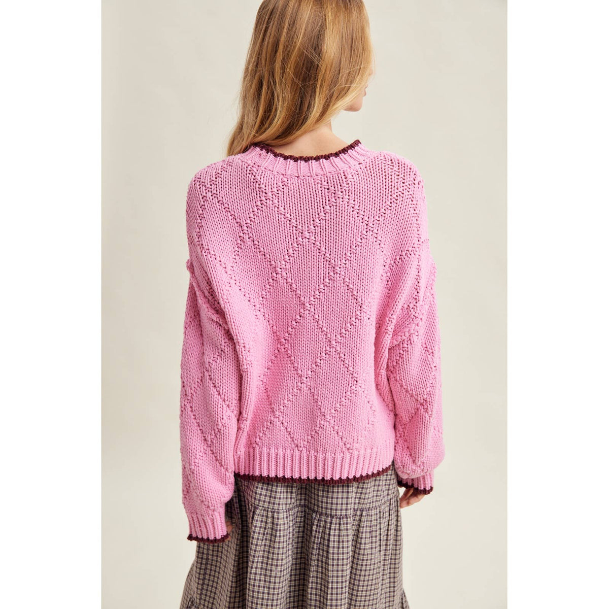 CONTRAST TRIM POINTELLE SWEATER / WL26-13060: HIBISCUS/WINE / M