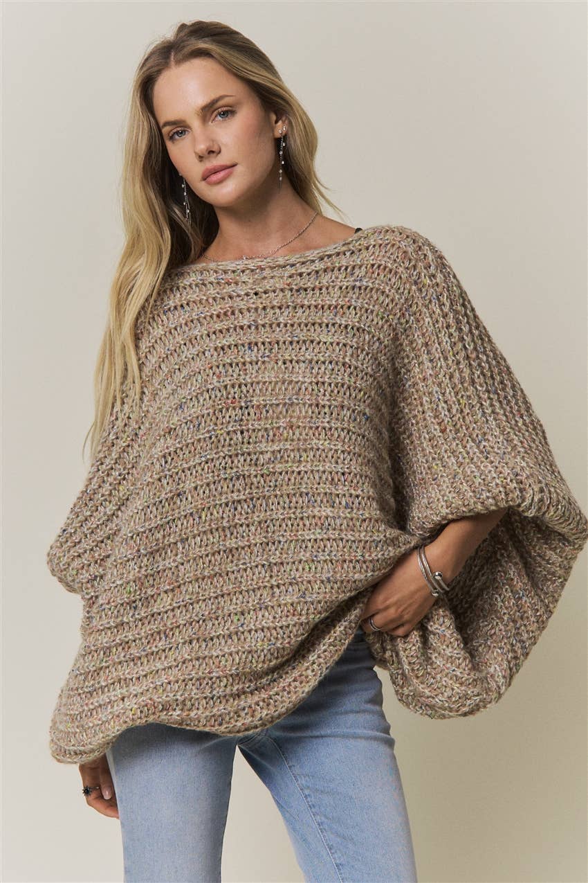CONVERTIBLE CHUNKY KNIT CINCHED CARDIGAN - CESW4418: COFFEE LATTE / SM-ML(3-3)