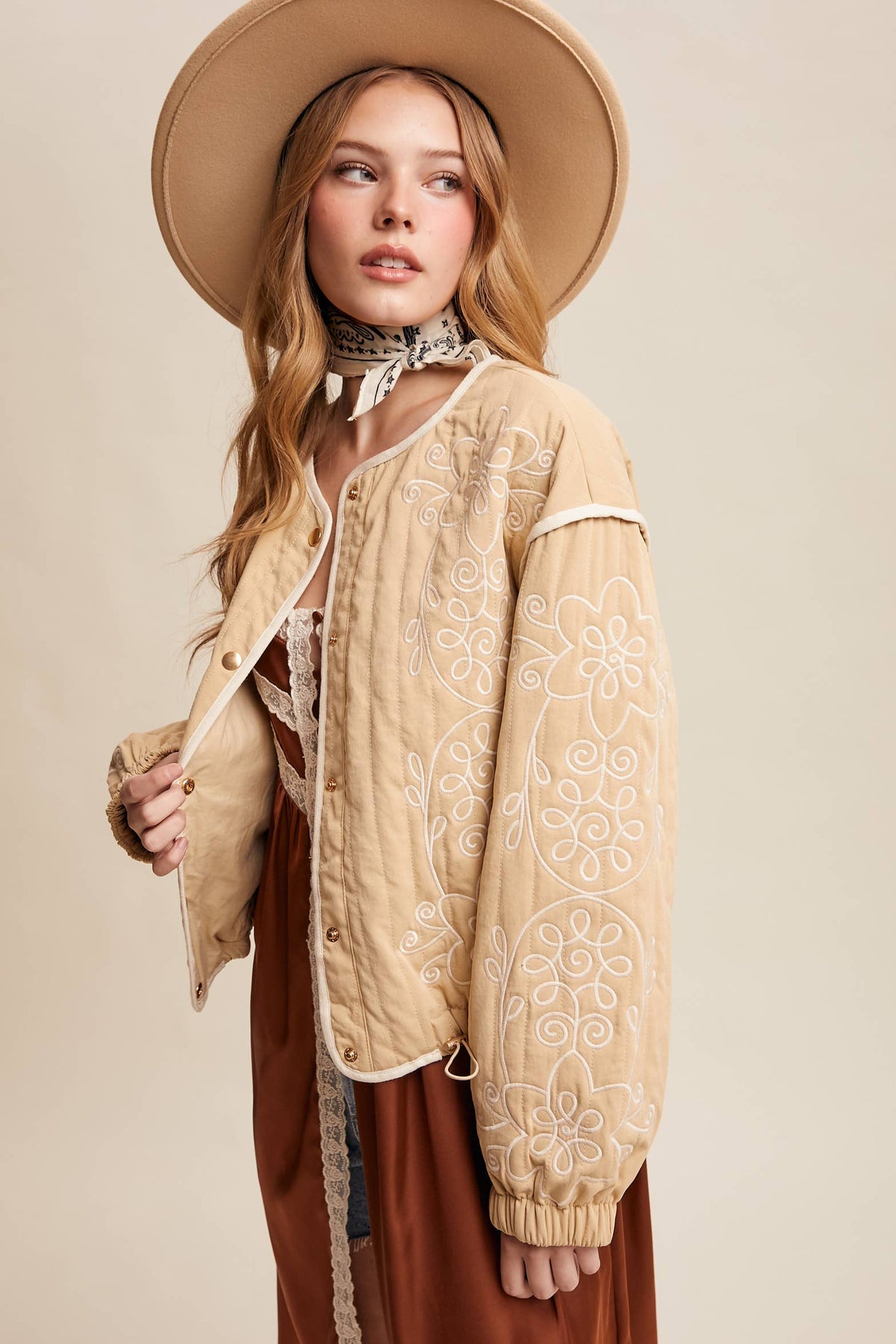 Embroidered Quilted Western Jacket LJ0260: Butter Cream