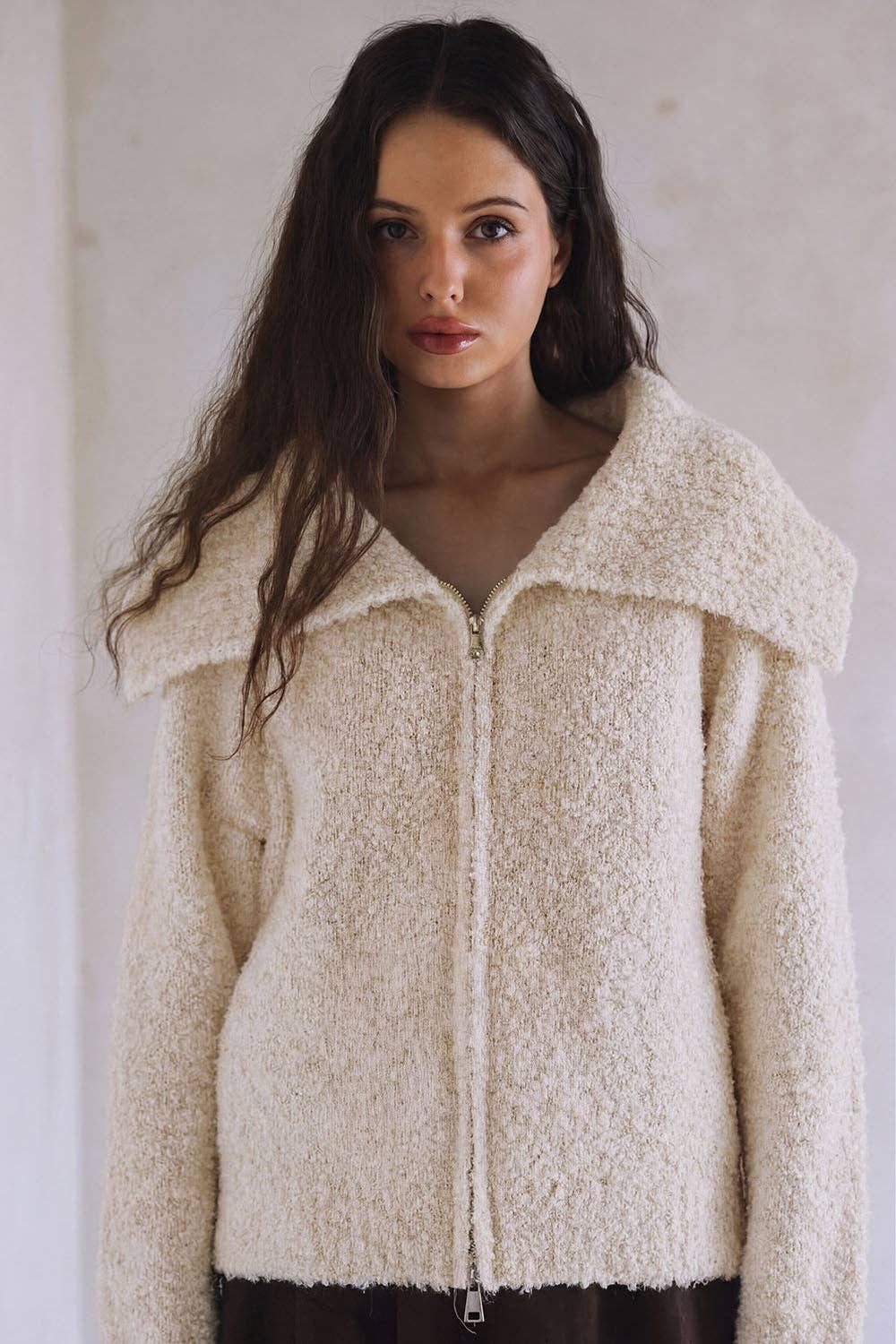 BOUCLE ZIP-UPCARDIGAN SWEATER G0005: IVORY / S-M-L
