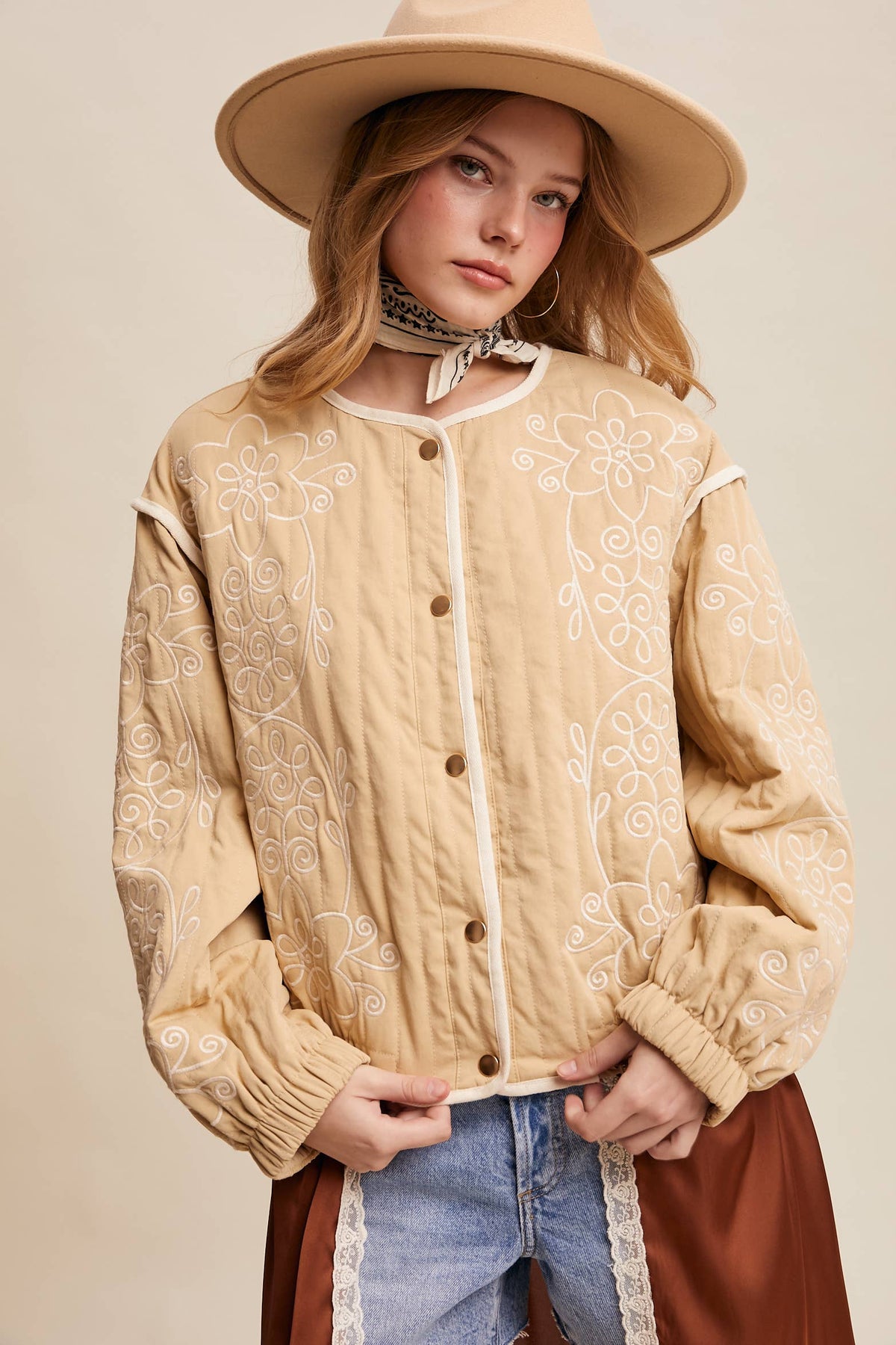 Embroidered Quilted Western Jacket LJ0260: Butter Cream