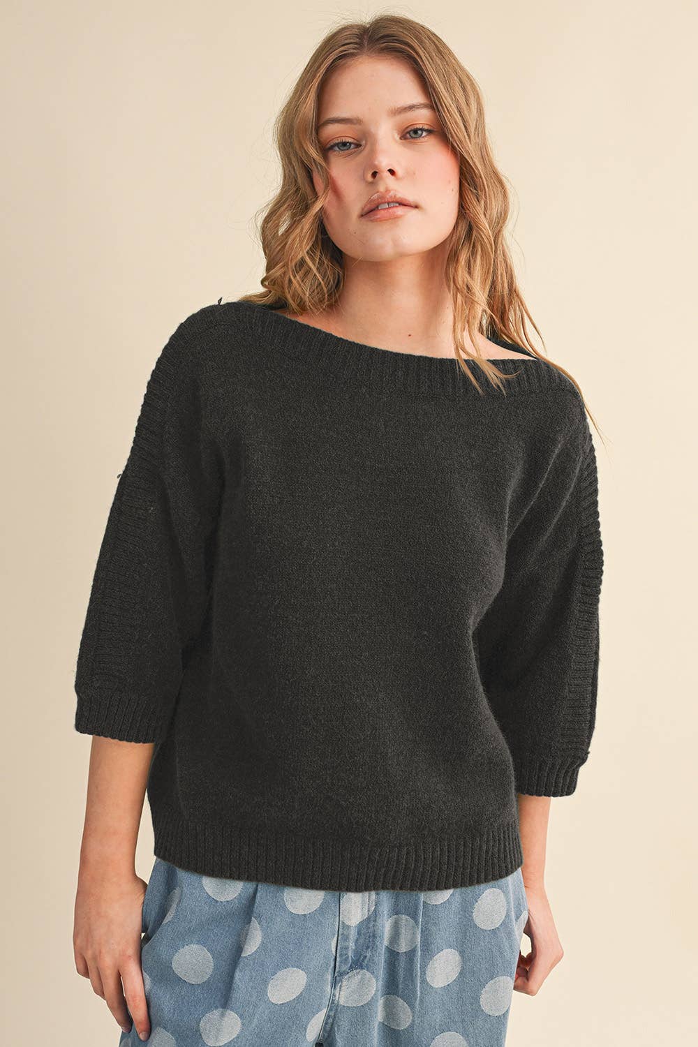 RIBBED DETAIL BOAT NECK SWEATER MSW11465: CLOUD DANCER / L