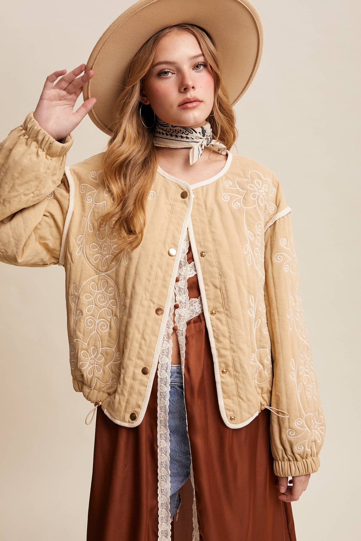 Embroidered Quilted Western Jacket LJ0260: Butter Cream