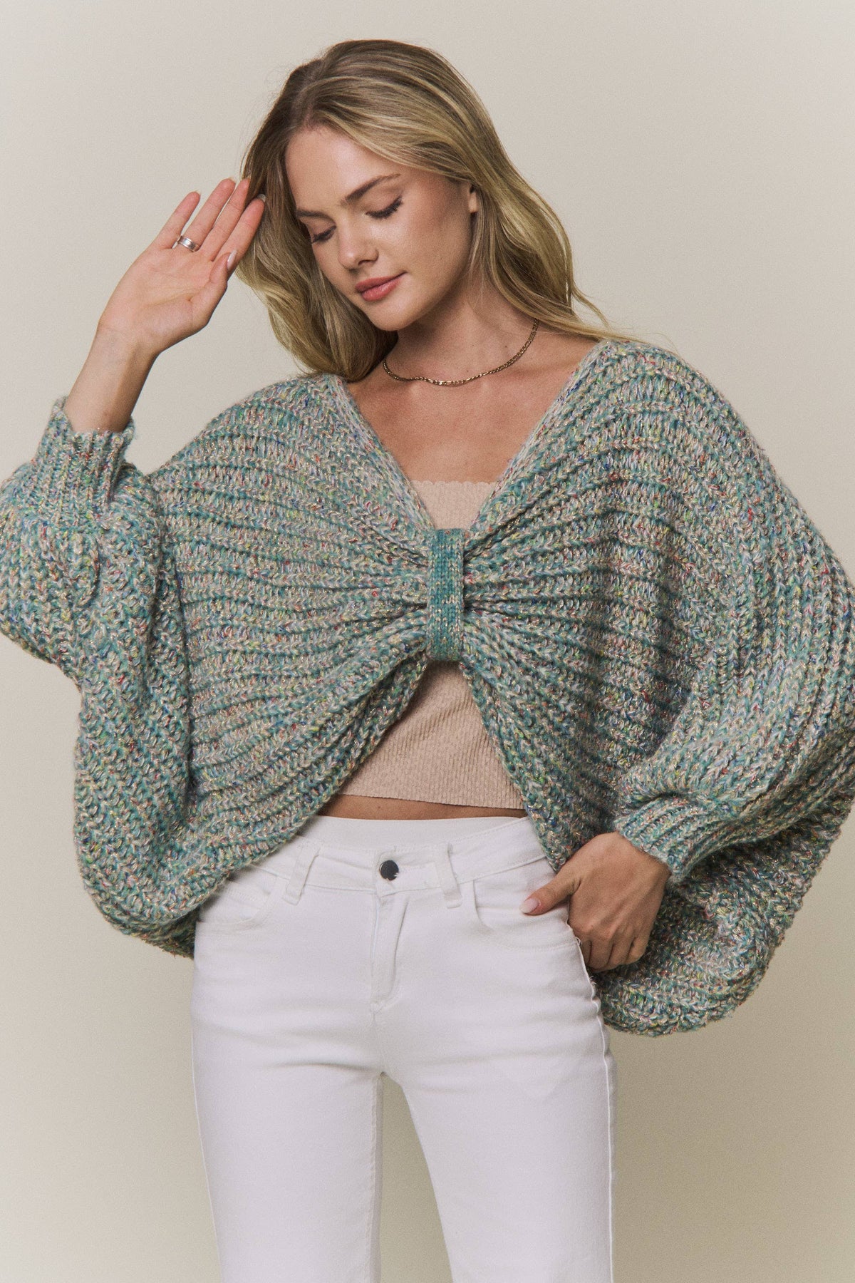 CONVERTIBLE CHUNKY KNIT CINCHED CARDIGAN - CESW4418: COFFEE LATTE / SM-ML(3-3)