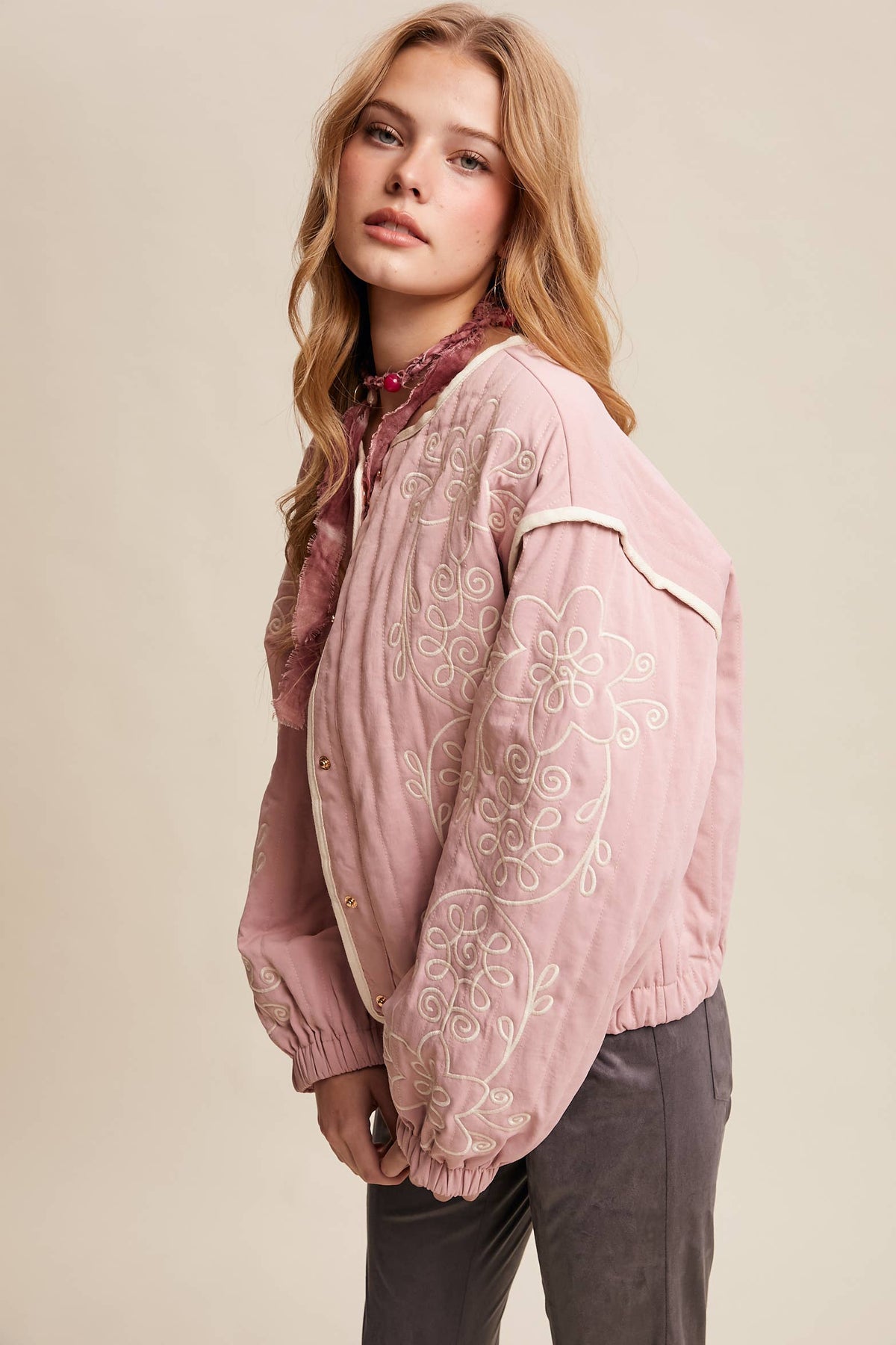 Embroidered Quilted Western Jacket LJ0260: Butter Cream