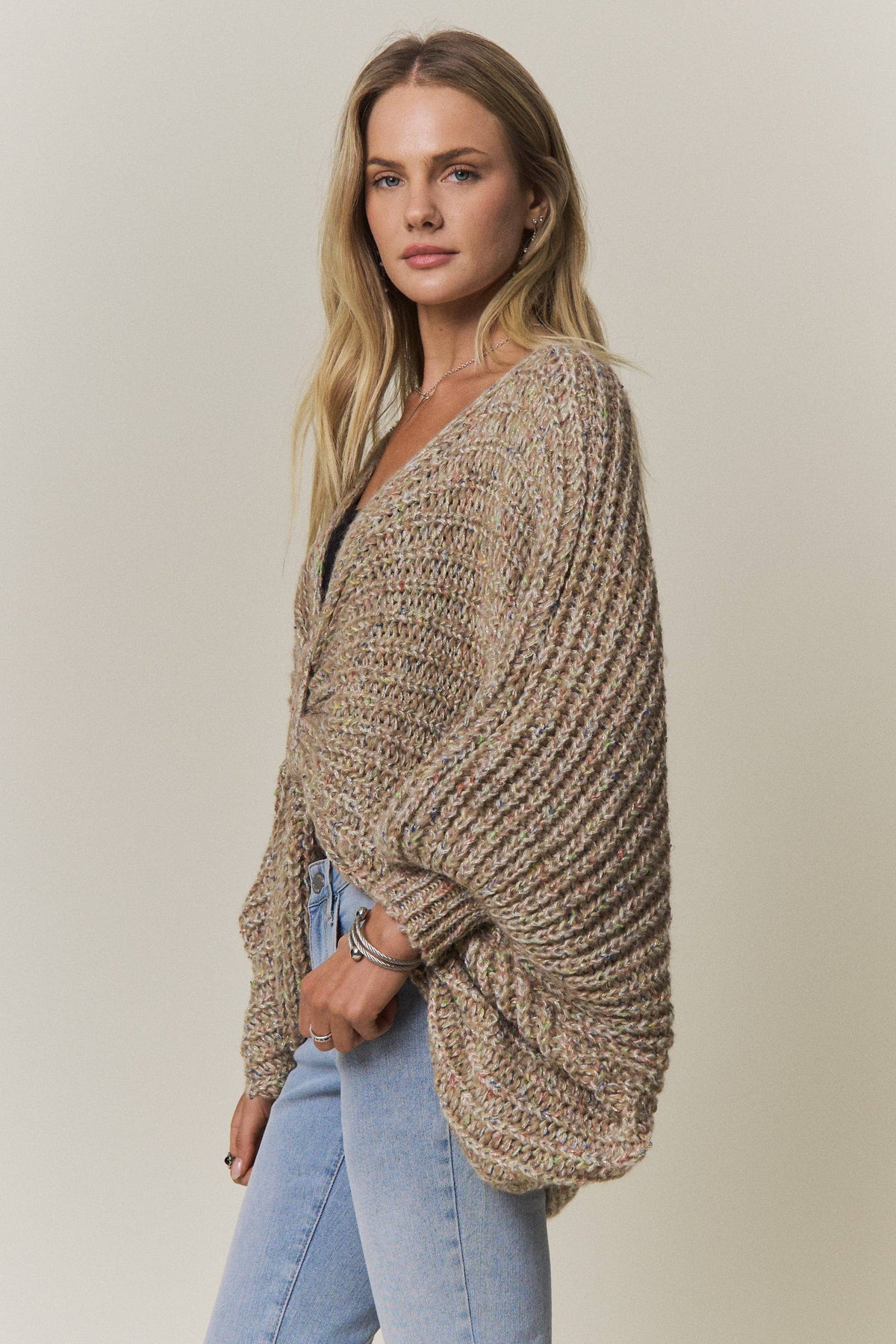 CONVERTIBLE CHUNKY KNIT CINCHED CARDIGAN - CESW4418: COFFEE LATTE / SM-ML(3-3)