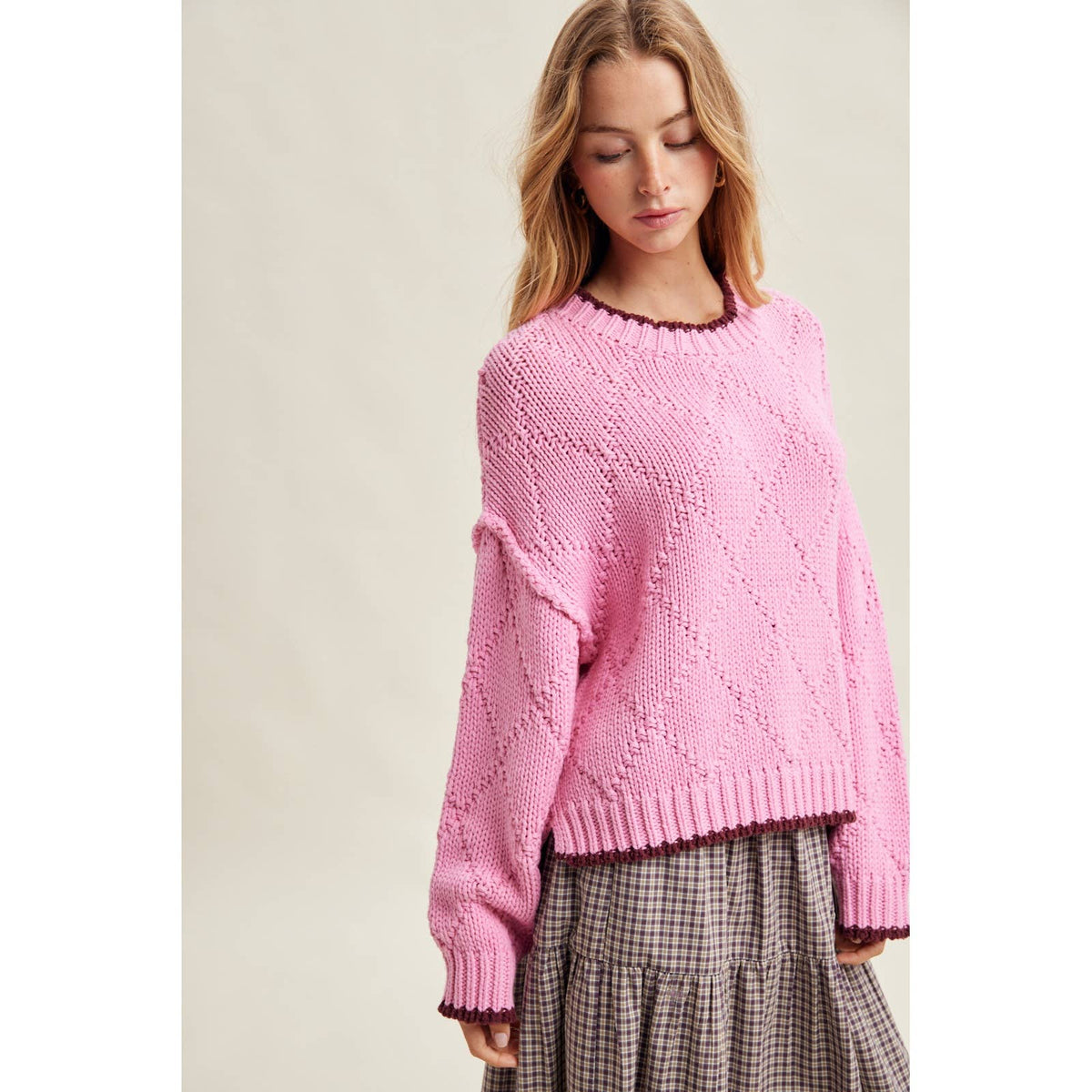 CONTRAST TRIM POINTELLE SWEATER / WL26-13060: HIBISCUS/WINE / M