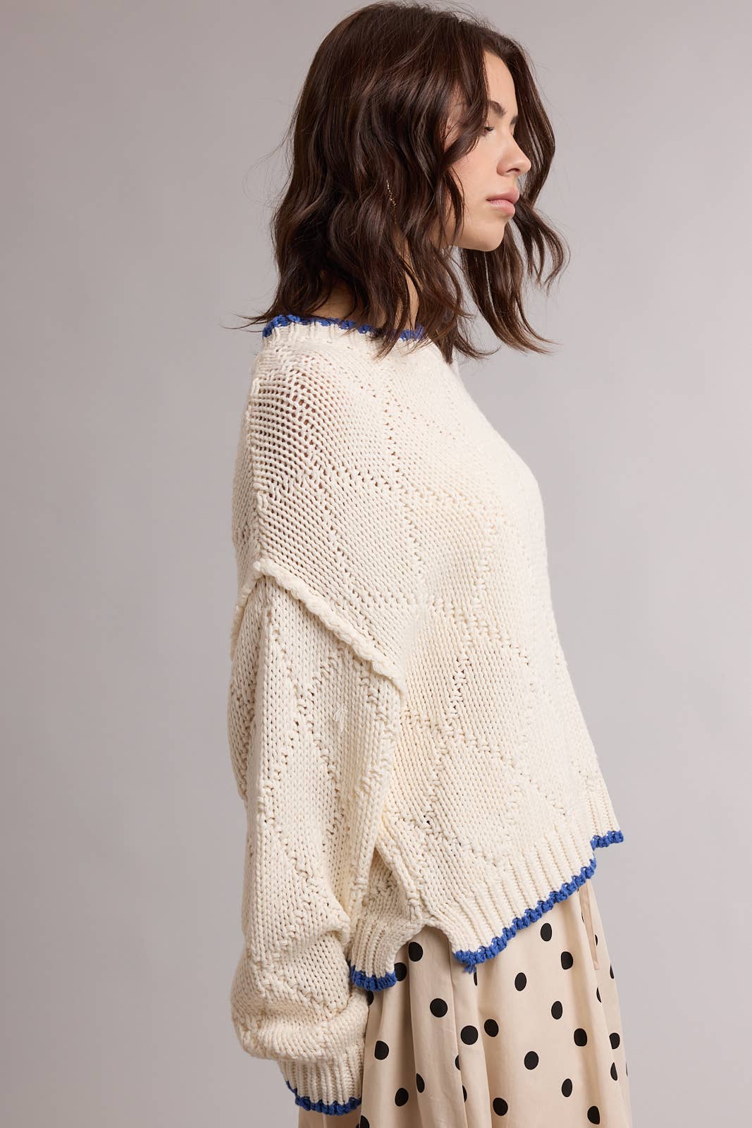 CONTRAST TRIM POINTELLE SWEATER / WL26-13060: HIBISCUS/WINE / M