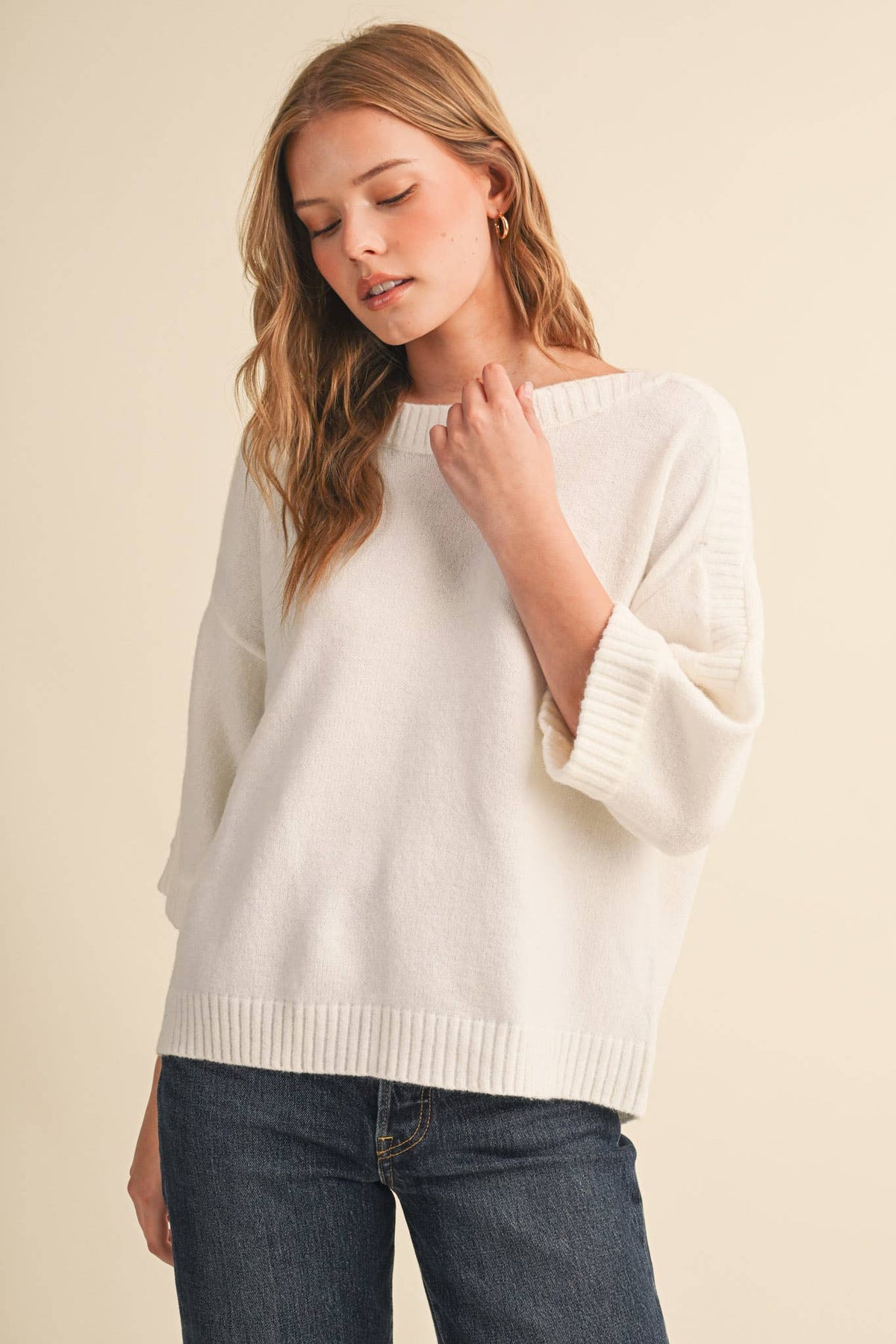 RIBBED DETAIL BOAT NECK SWEATER MSW11465: CLOUD DANCER / L