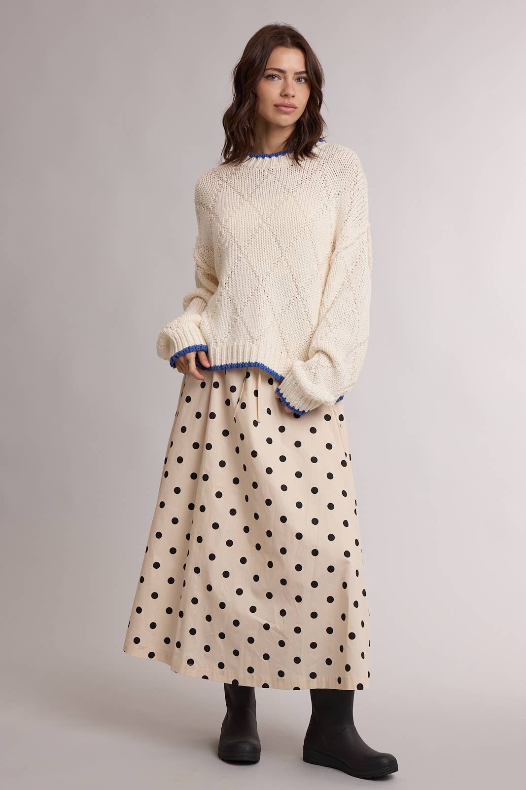 CONTRAST TRIM POINTELLE SWEATER / WL26-13060: HIBISCUS/WINE / M