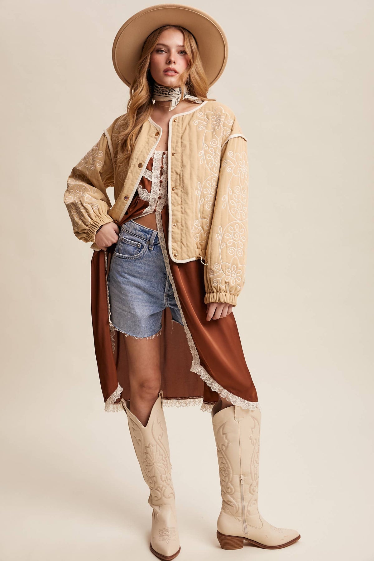 Embroidered Quilted Western Jacket LJ0260: Butter Cream