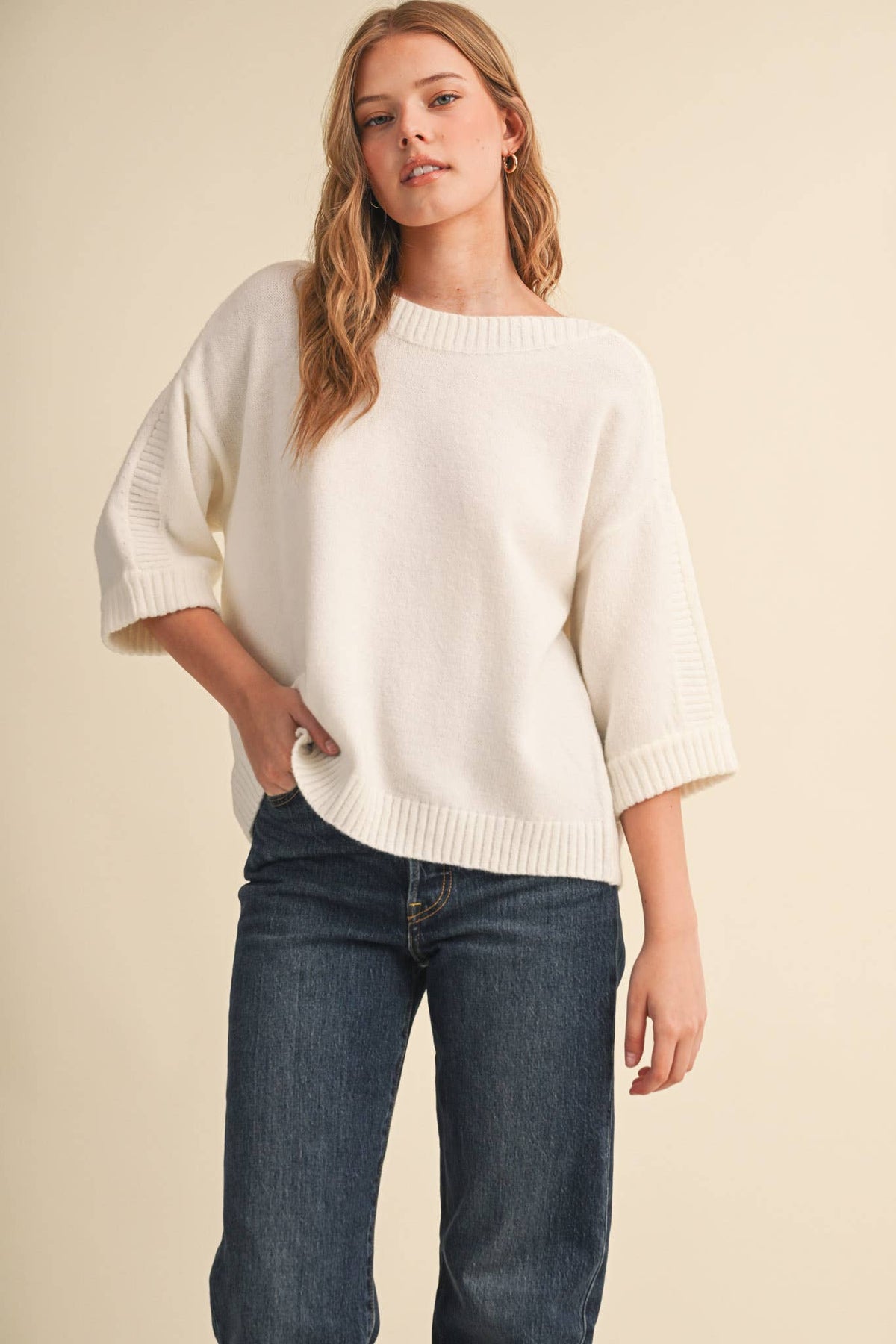 RIBBED DETAIL BOAT NECK SWEATER MSW11465: CLOUD DANCER / L