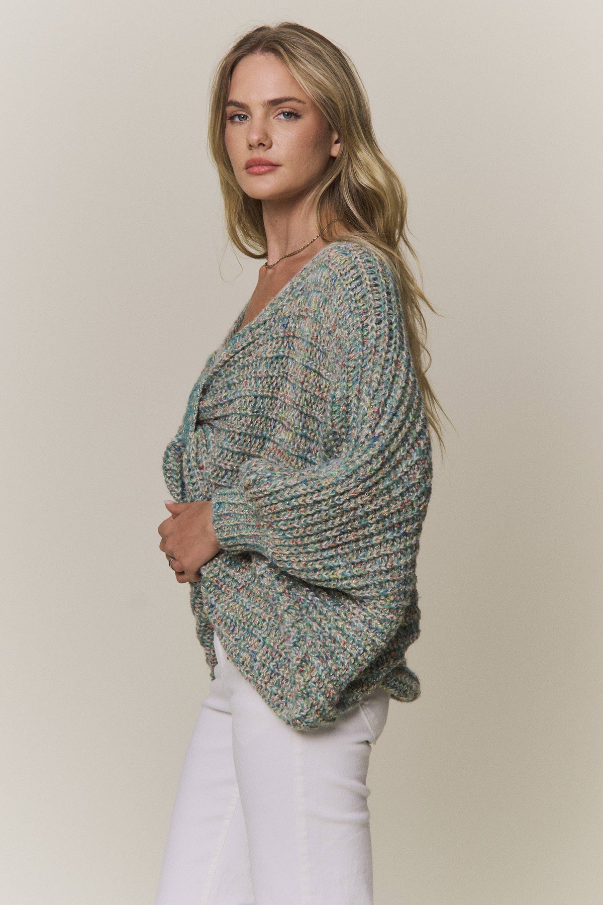 CONVERTIBLE CHUNKY KNIT CINCHED CARDIGAN - CESW4418: COFFEE LATTE / SM-ML(3-3)