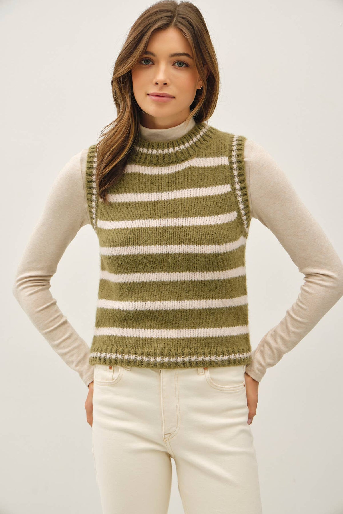 WOOL BLEND STRIPED SWEATER VEST : OLIVE / SM