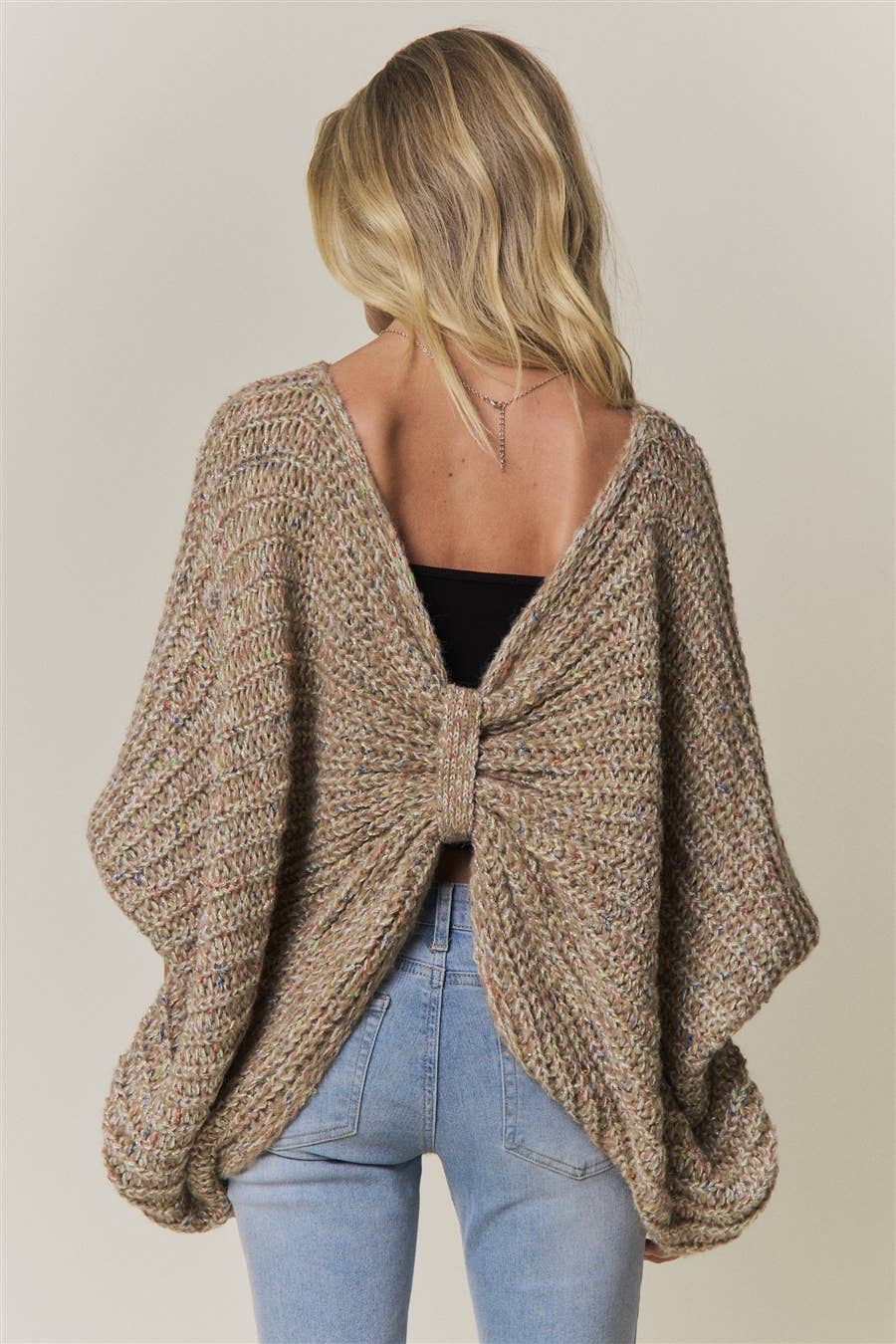CONVERTIBLE CHUNKY KNIT CINCHED CARDIGAN - CESW4418: COFFEE LATTE / SM-ML(3-3)