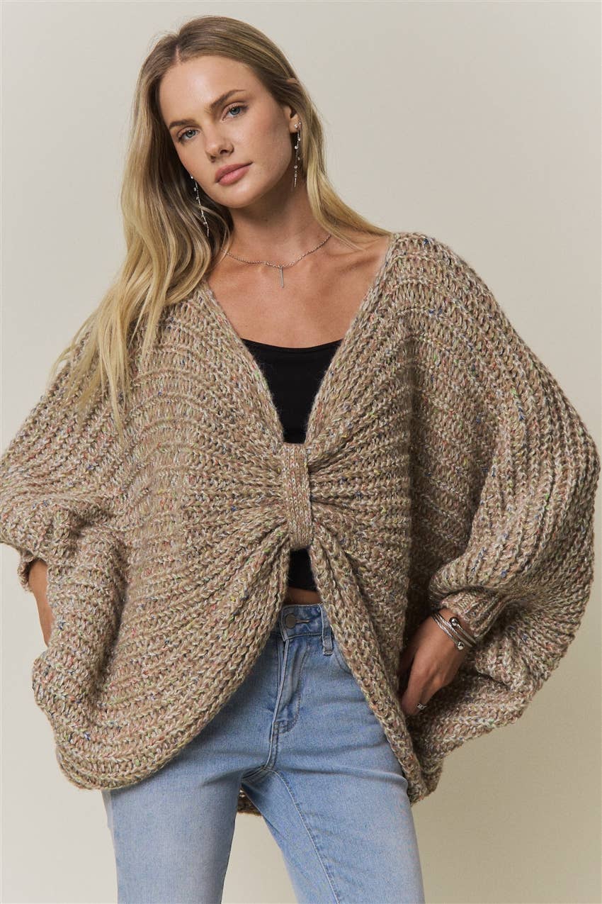 CONVERTIBLE CHUNKY KNIT CINCHED CARDIGAN - CESW4418: COFFEE LATTE / SM-ML(3-3)