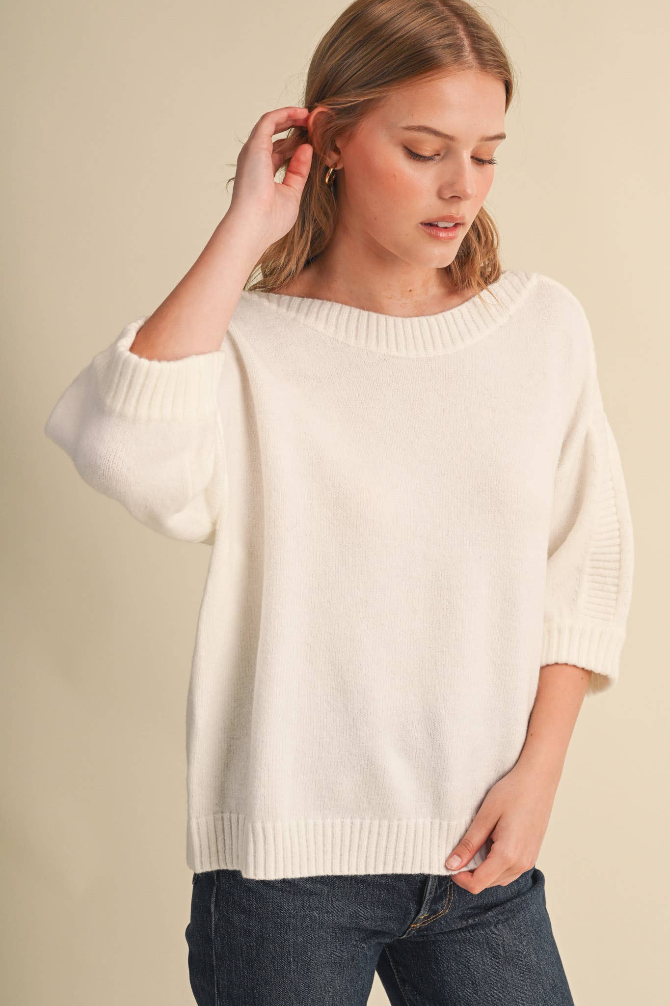 RIBBED DETAIL BOAT NECK SWEATER MSW11465: CLOUD DANCER / L