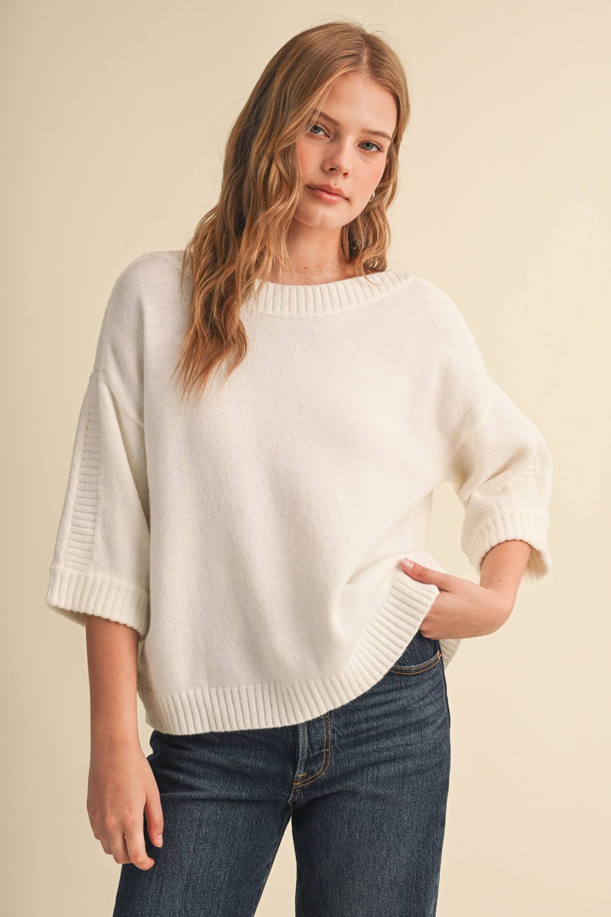 RIBBED DETAIL BOAT NECK SWEATER MSW11465: CLOUD DANCER / L