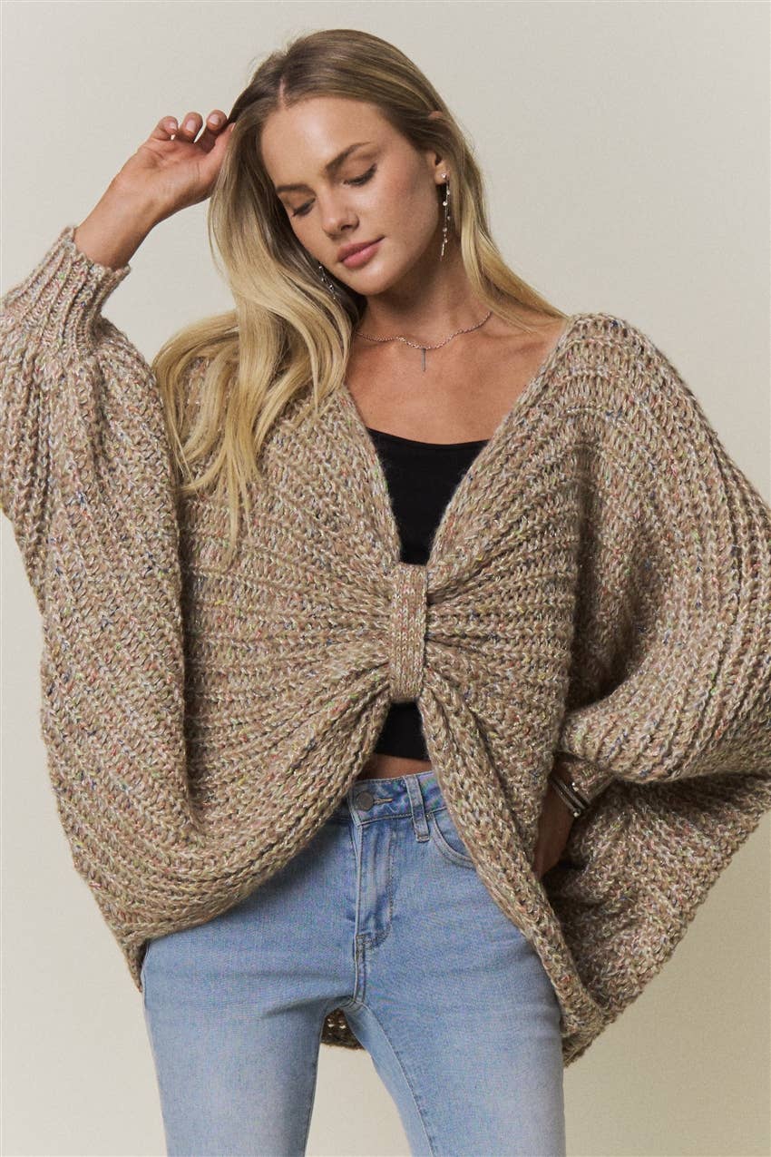 CONVERTIBLE CHUNKY KNIT CINCHED CARDIGAN - CESW4418: COFFEE LATTE / SM-ML(3-3)