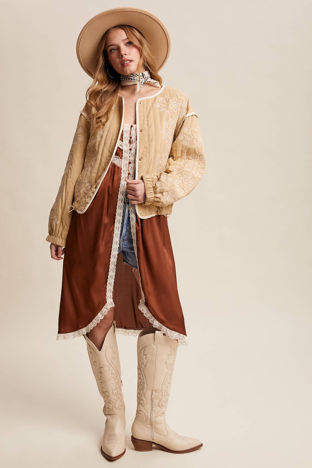 Embroidered Quilted Western Jacket LJ0260: Butter Cream