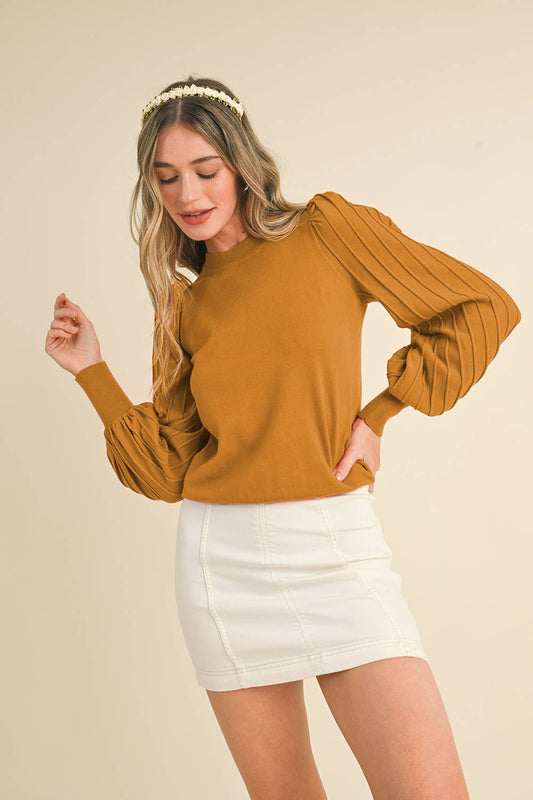 STRIPE TEXTURE PUFF SLEEVE SWEATER MSW9485: DARK BRONZE