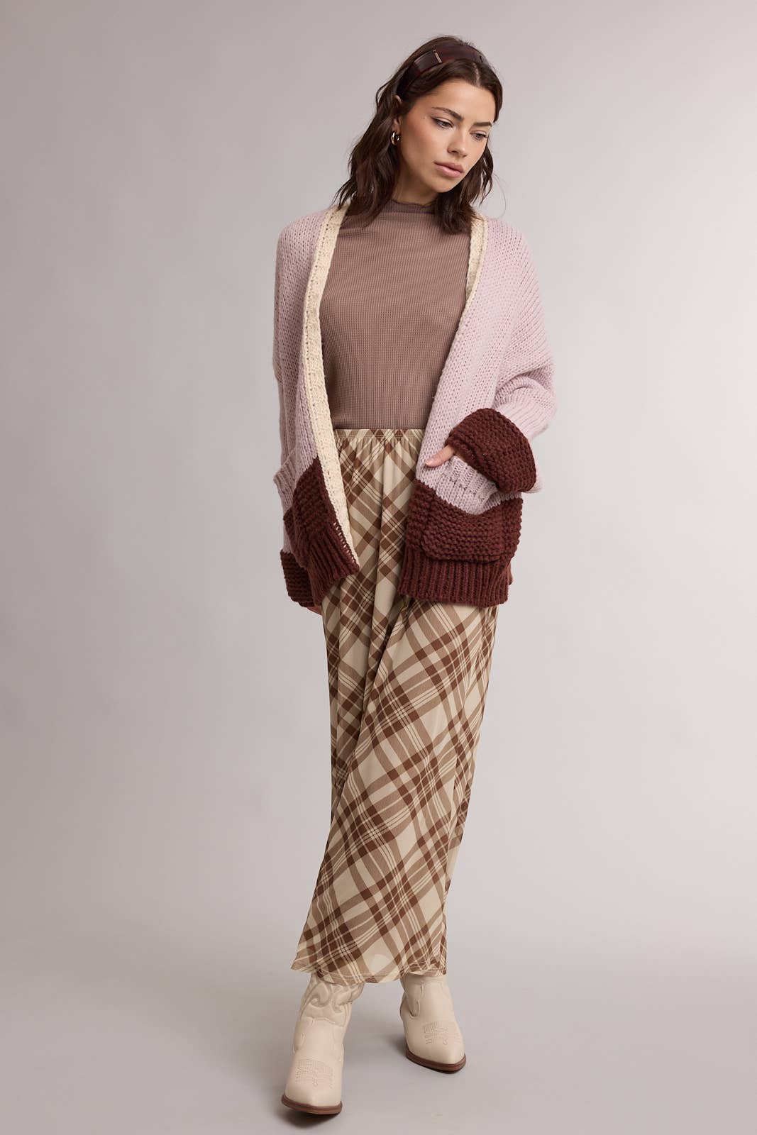 COLORBLOCK CHUNKY KNIT CARDIGAN / WL26-13046: PINK/ESPRESSO