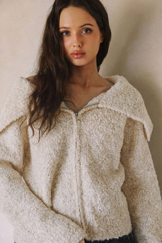 BOUCLE ZIP-UPCARDIGAN SWEATER G0005: IVORY / S-M-L