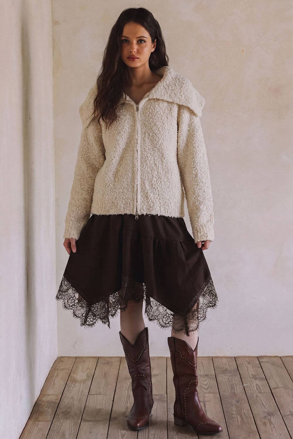 BOUCLE ZIP-UPCARDIGAN SWEATER G0005: IVORY / S-M-L