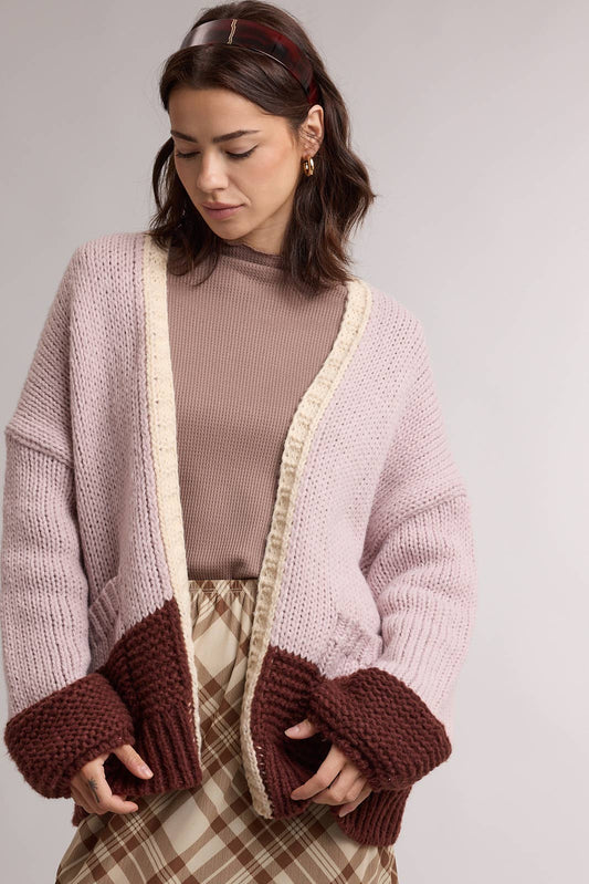 COLORBLOCK CHUNKY KNIT CARDIGAN / WL26-13046: PINK/ESPRESSO