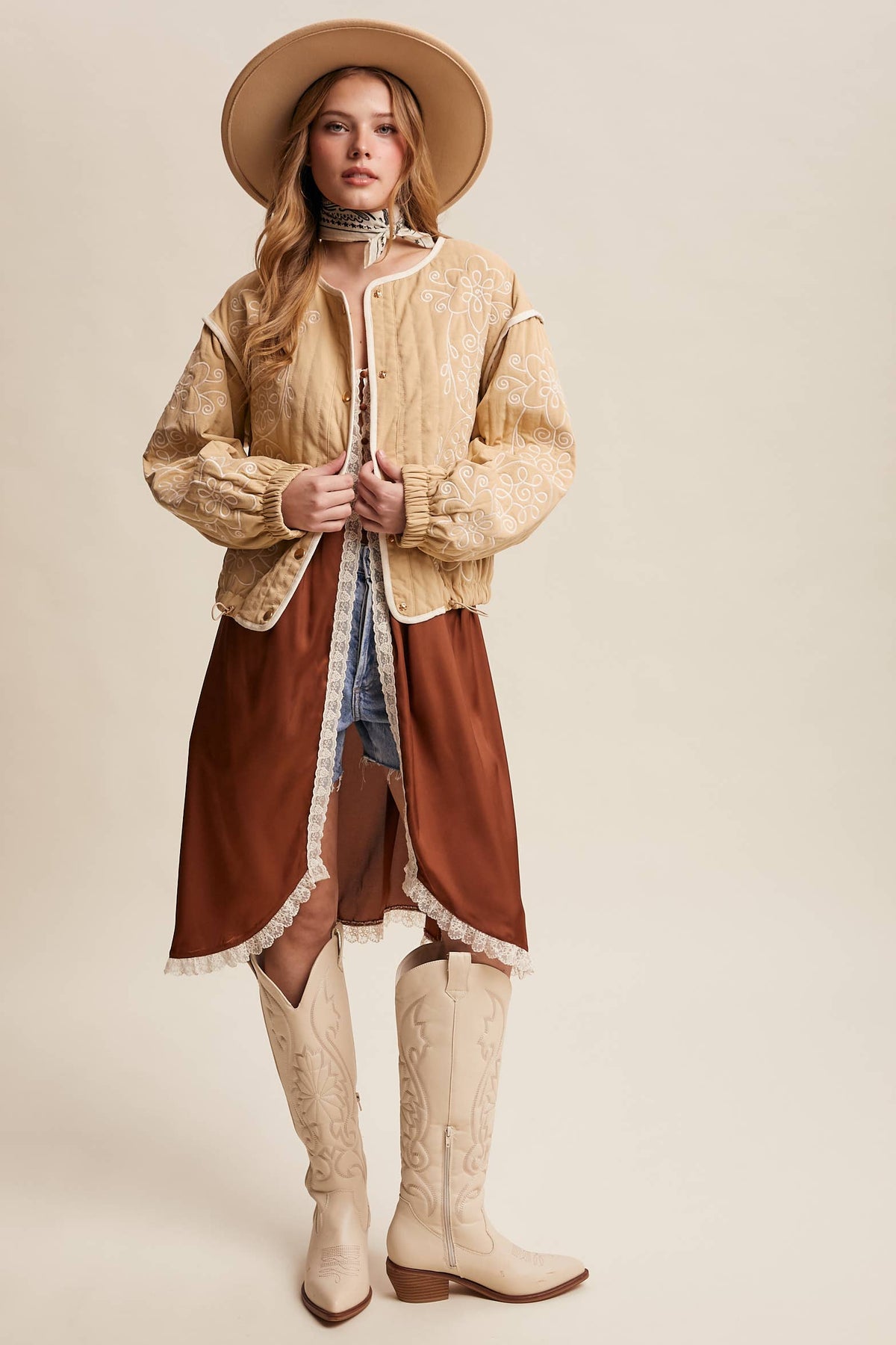 Embroidered Quilted Western Jacket LJ0260: Butter Cream