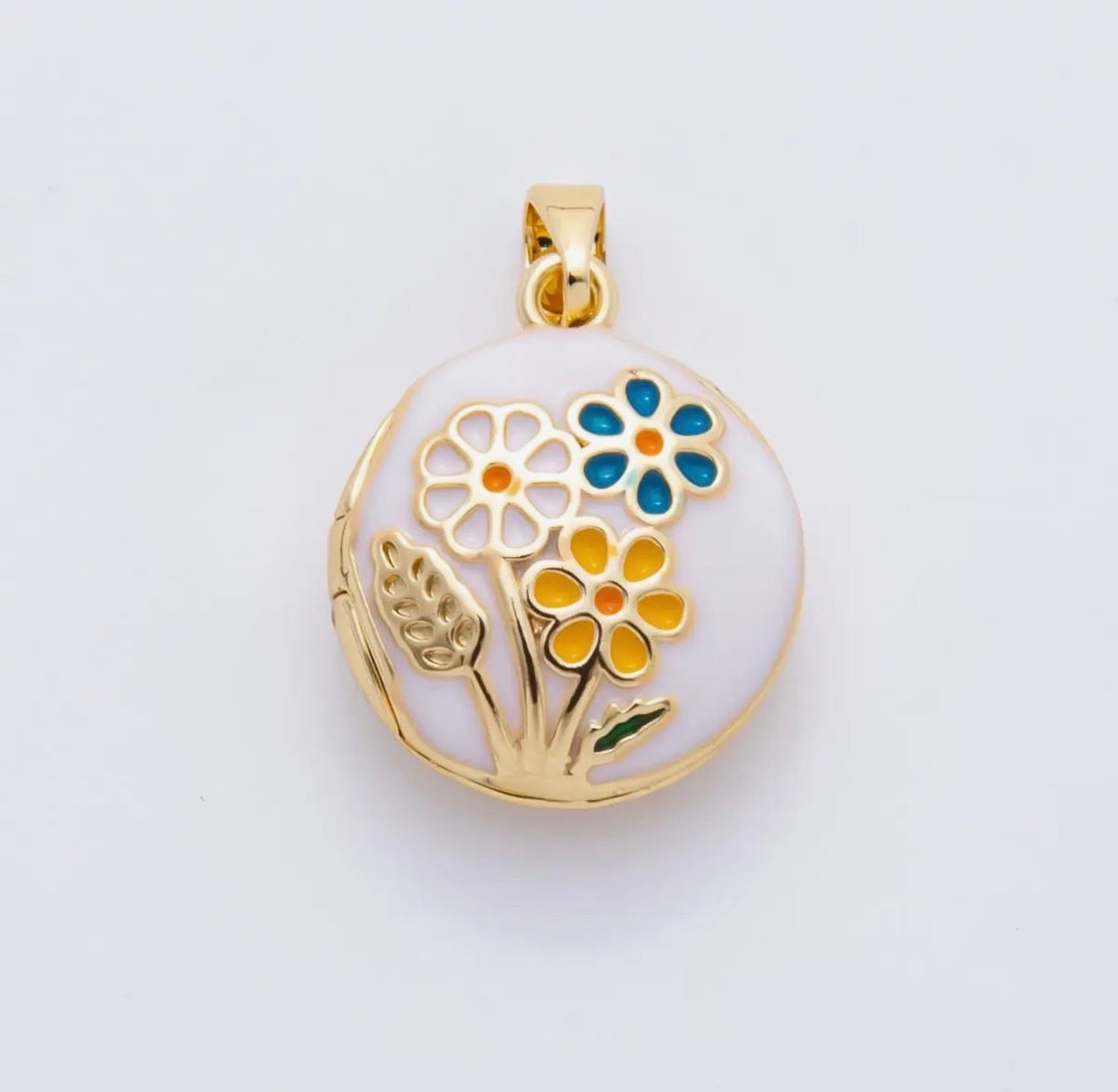 18K Gold Filled 23mm Enamel Spring Flower Garden Locket Pendant