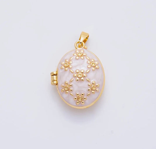 18K Gold Filled 27mm Enamel Vintage Flower Locket Pendant