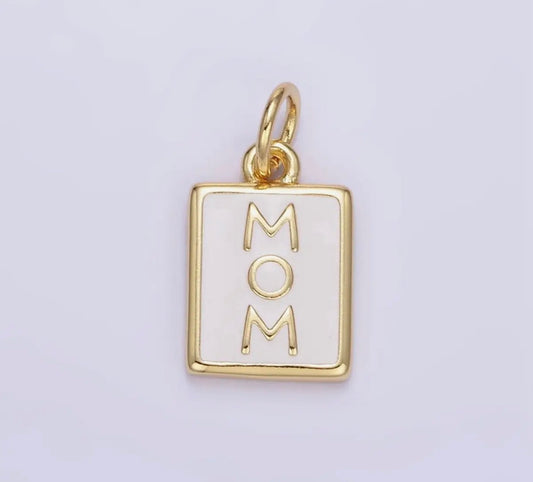 24K Gold Filled "Mom" White Enamel Tag Charm