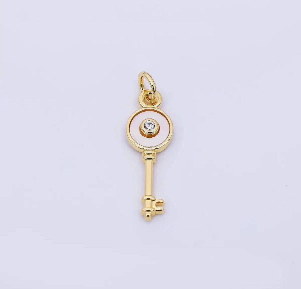 24K Gold Filled 21mm Round Cz Mother of Pearl Art Key Charm