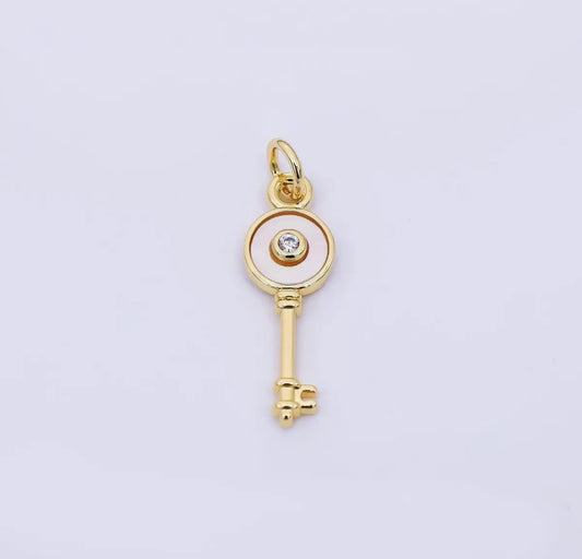24K Gold Filled 21mm Round Cz Mother of Pearl Art Key Charm