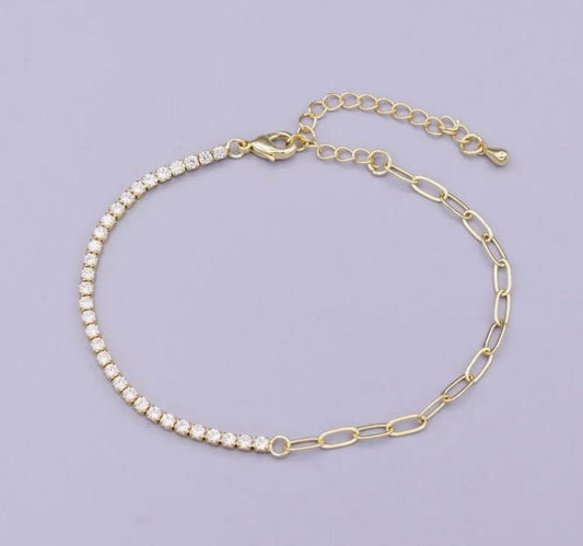 16K Gold Filled 2mm Half Tennis Half Paperclip 7 Inch Chain Bracelet