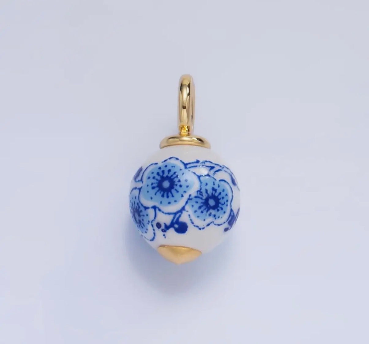 24K Gold Filled Blue Flowers White Ceramic Drop Charm |