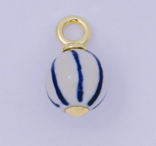 24K Gold Filled Blue-White Stripes Porcelain Ceramic Oblong Drop Charm
