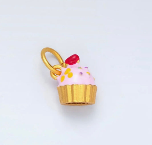 24K Gold Filled Pink Sprinkled Cupcake Enamel Charm