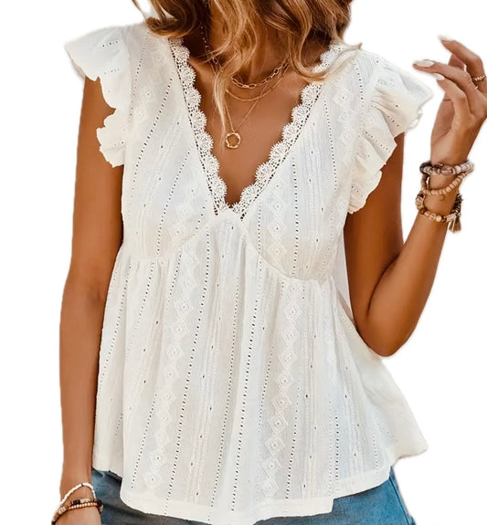 Eyelet V Neck