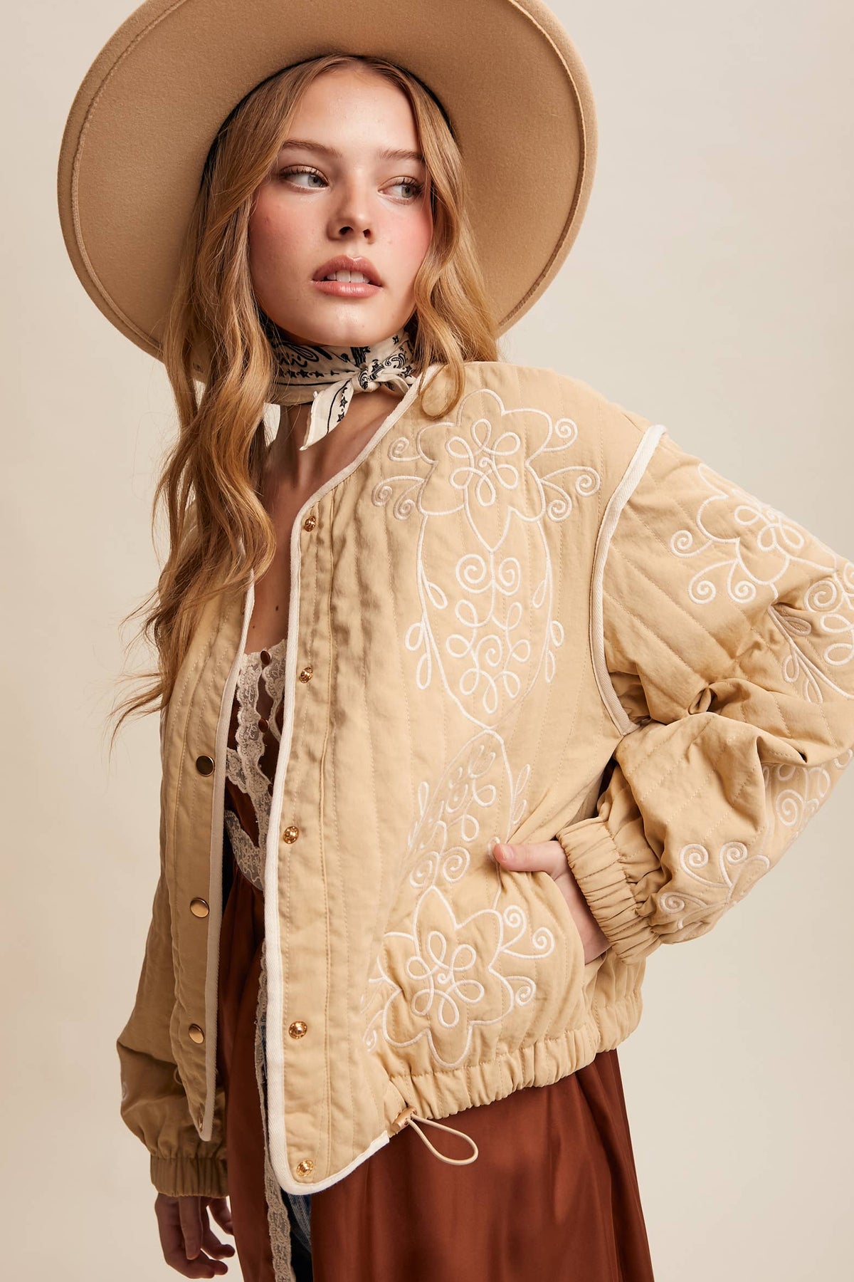 Embroidered Quilted Western Jacket LJ0260: Butter Cream