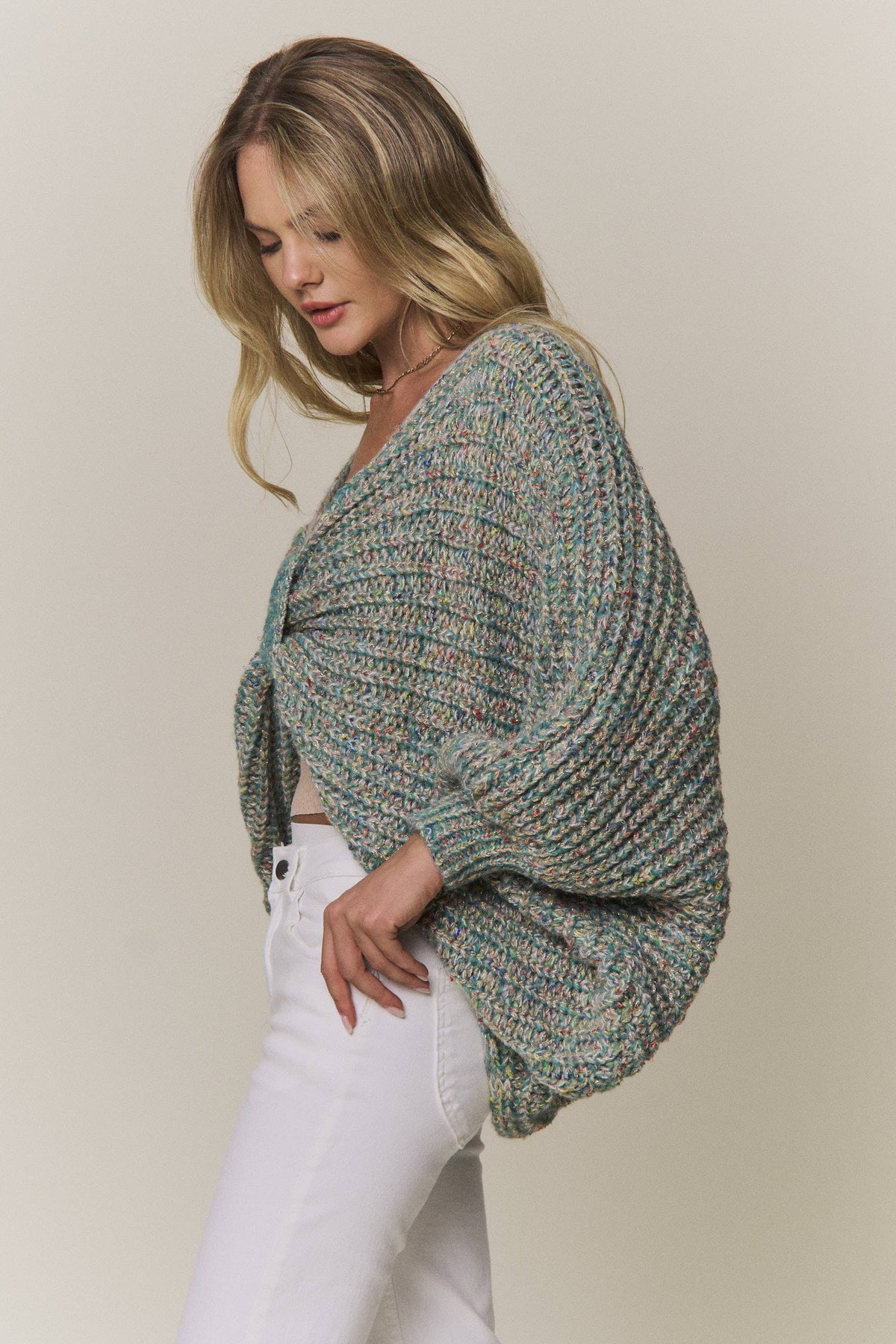 CONVERTIBLE CHUNKY KNIT CINCHED CARDIGAN - CESW4418: COFFEE LATTE / SM-ML(3-3)