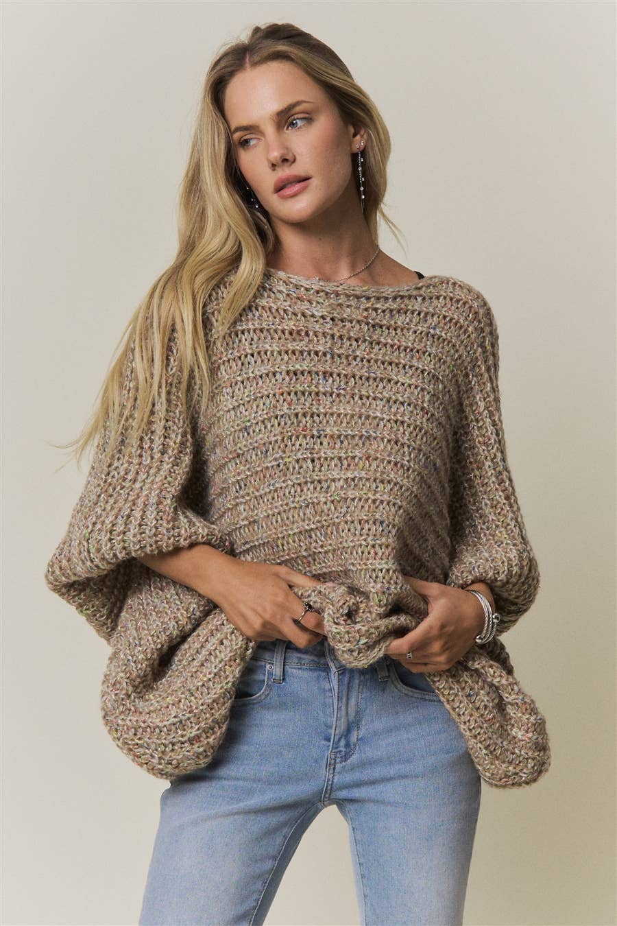 CONVERTIBLE CHUNKY KNIT CINCHED CARDIGAN - CESW4418: COFFEE LATTE / SM-ML(3-3)