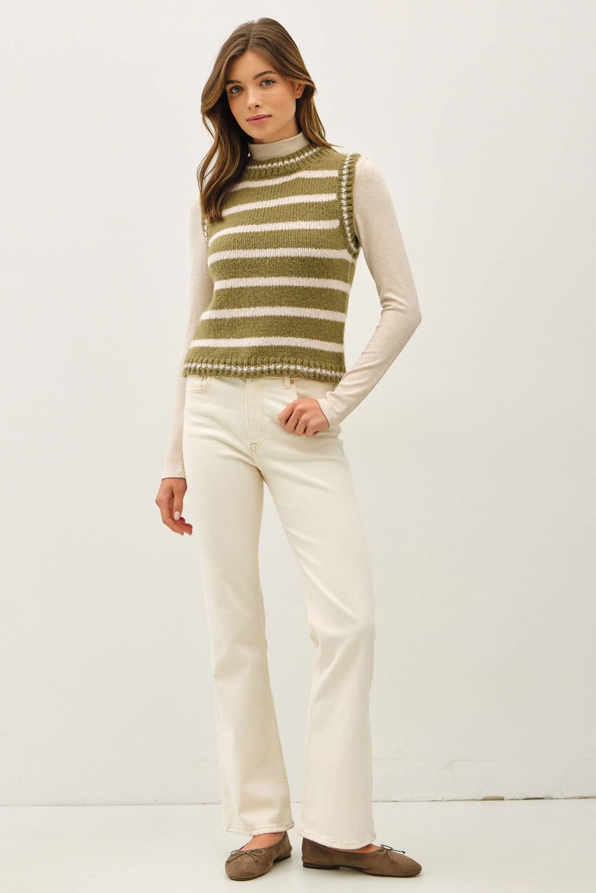 WOOL BLEND STRIPED SWEATER VEST : OLIVE / SM