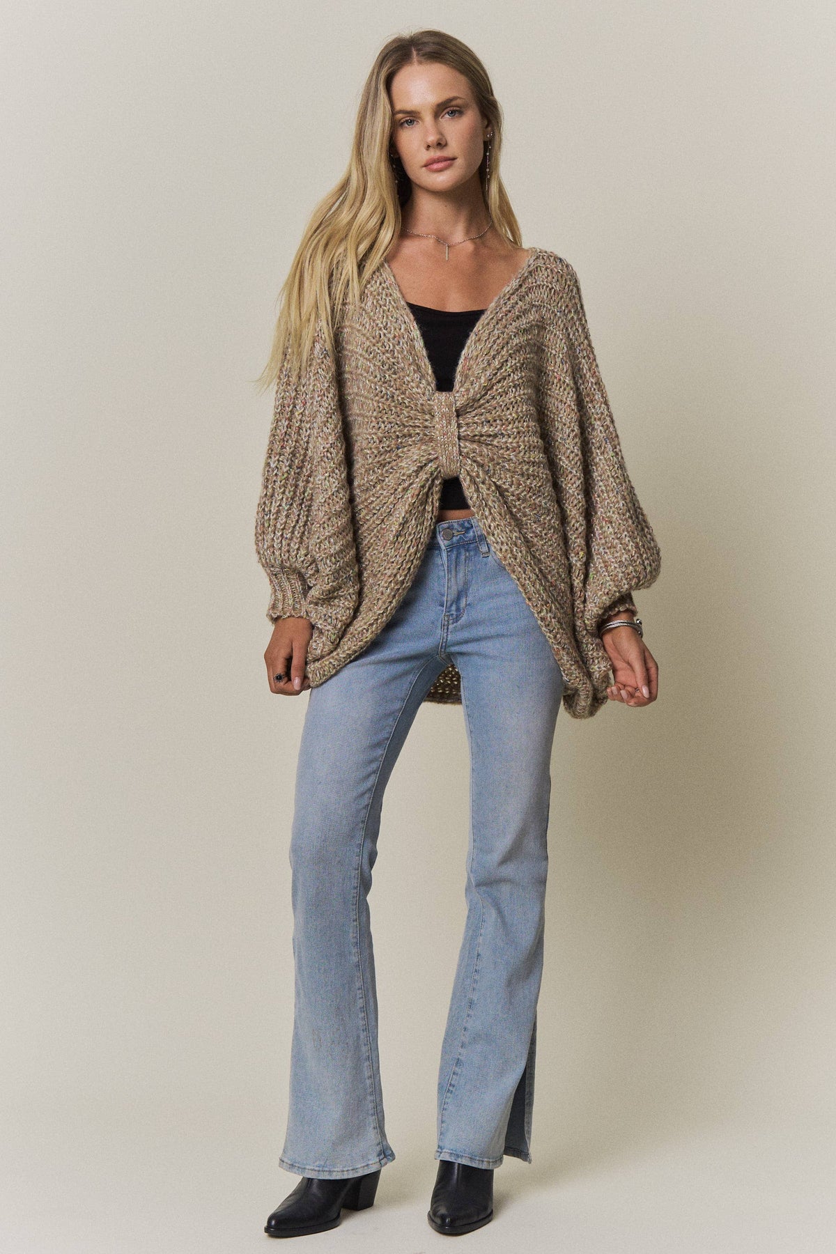 CONVERTIBLE CHUNKY KNIT CINCHED CARDIGAN - CESW4418: COFFEE LATTE / SM-ML(3-3)
