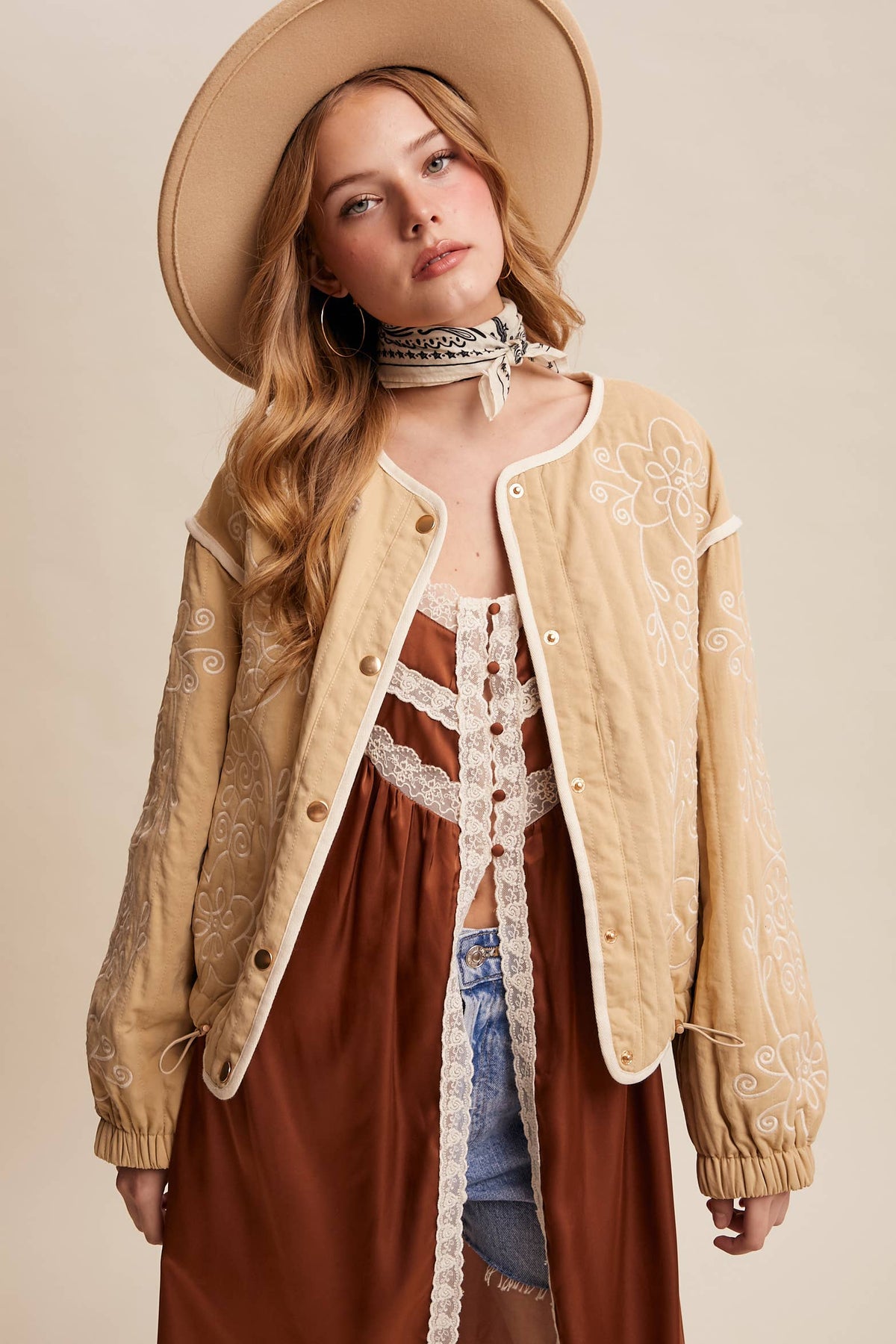 Embroidered Quilted Western Jacket LJ0260: Butter Cream