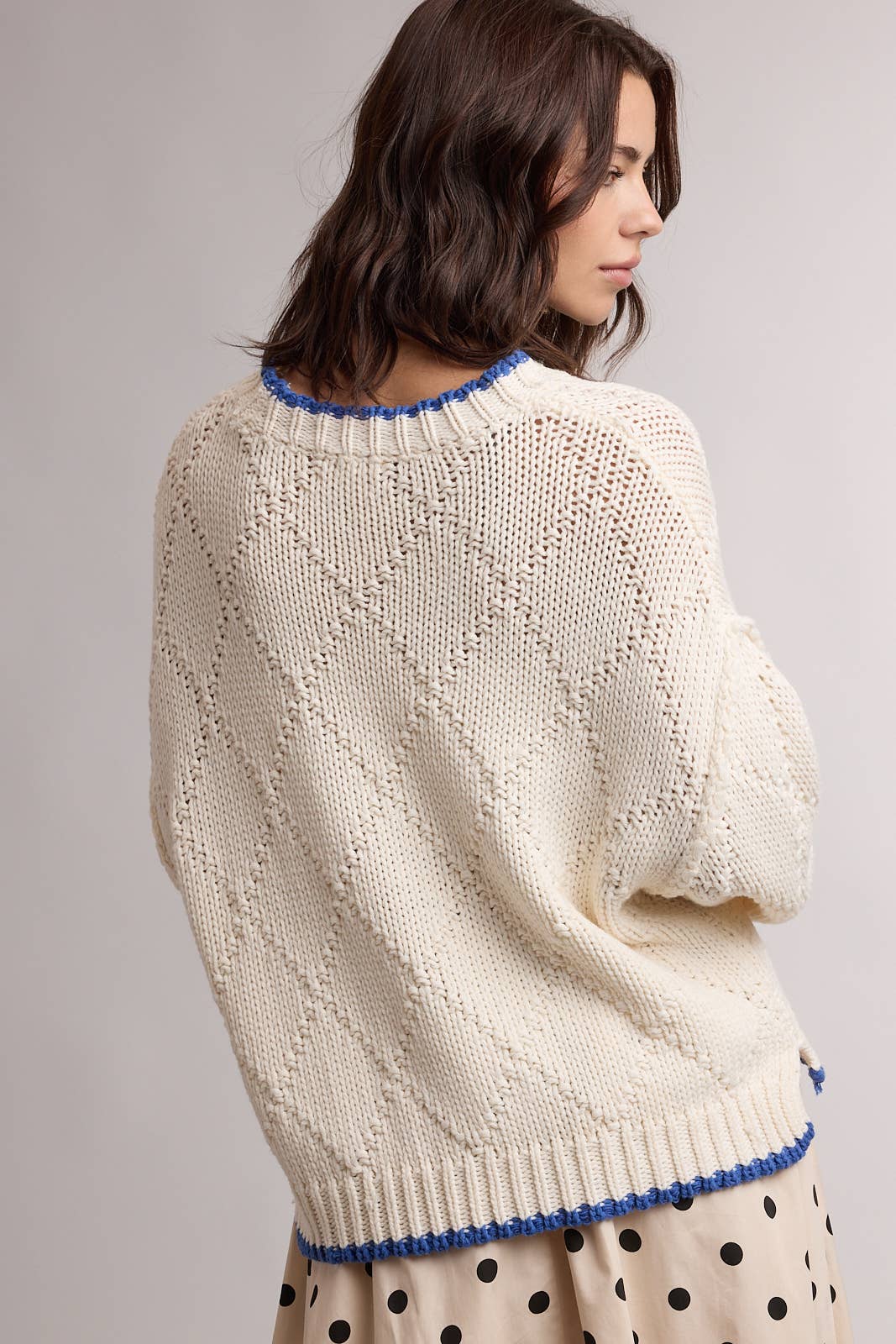 CONTRAST TRIM POINTELLE SWEATER / WL26-13060: HIBISCUS/WINE / M