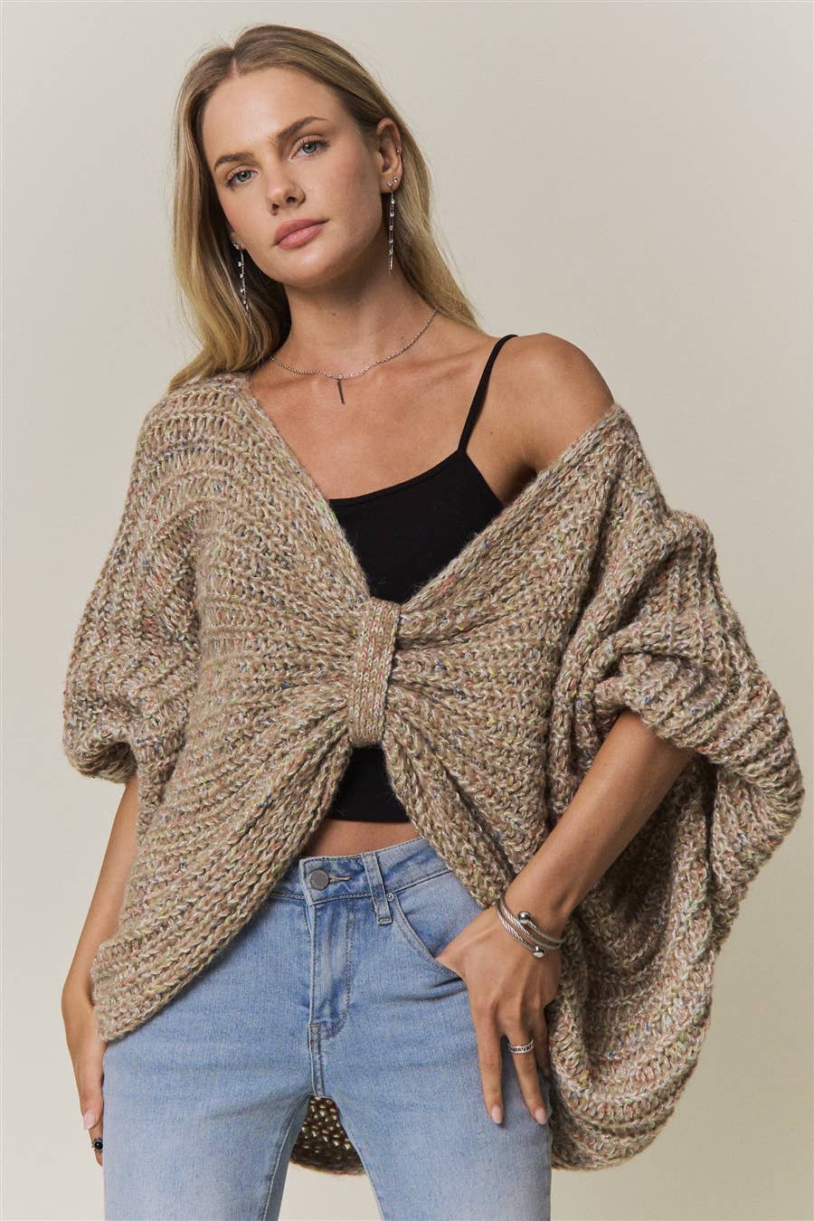 CONVERTIBLE CHUNKY KNIT CINCHED CARDIGAN - CESW4418: COFFEE LATTE / SM-ML(3-3)
